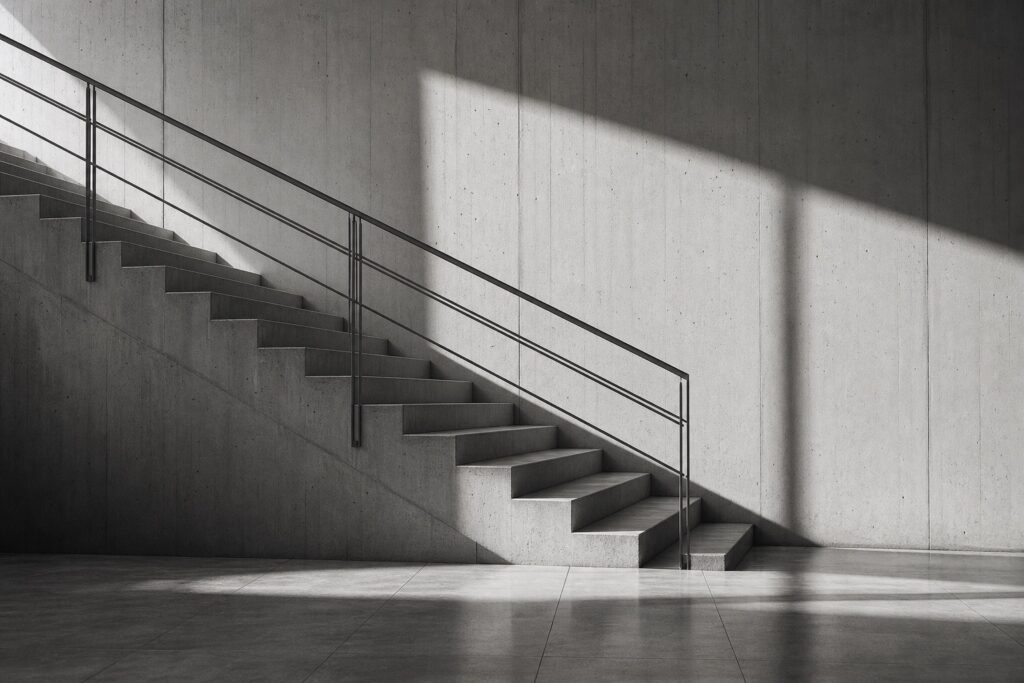 A concrete staircase and handrail shaped by long geometric shadows.