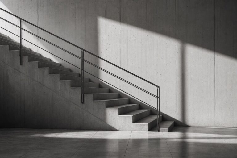 A concrete staircase and handrail shaped by long geometric shadows.