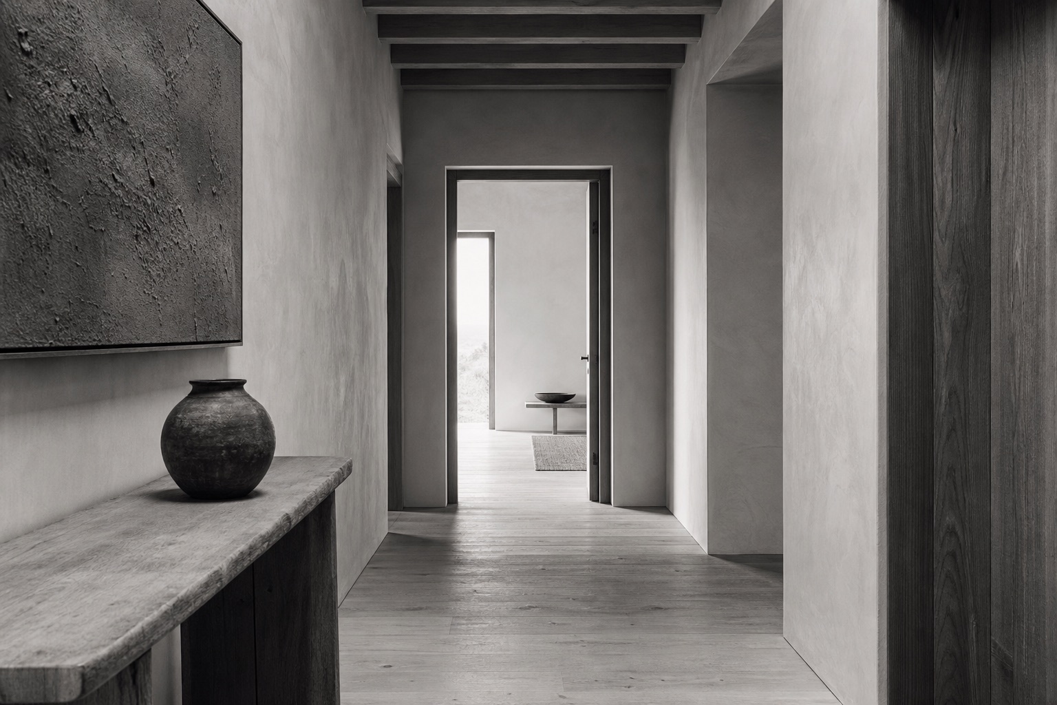 A quiet light-filled corridor with an open doorway at the end.