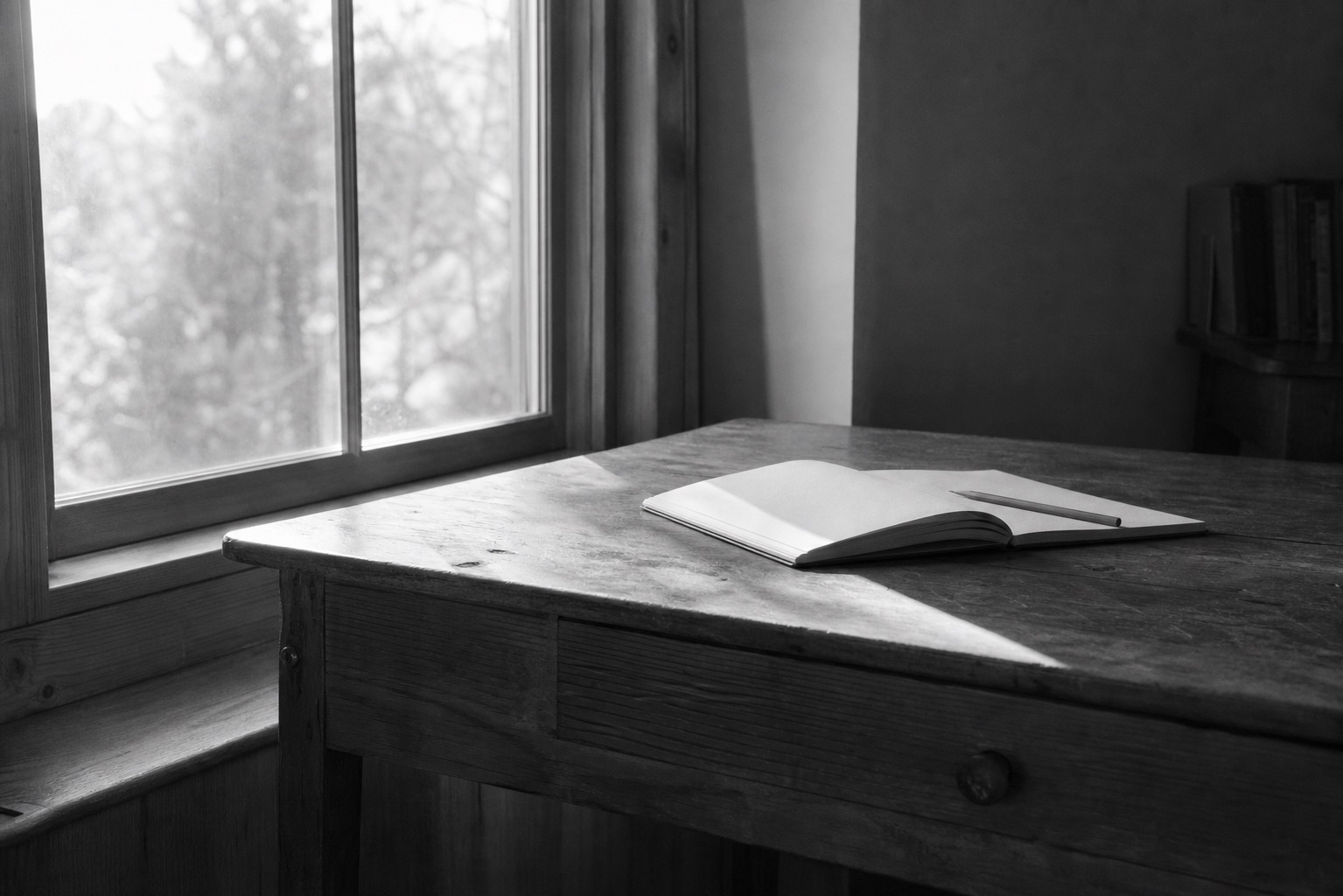 An open notebook and pencil on a wooden desk beside a softly lit window.
