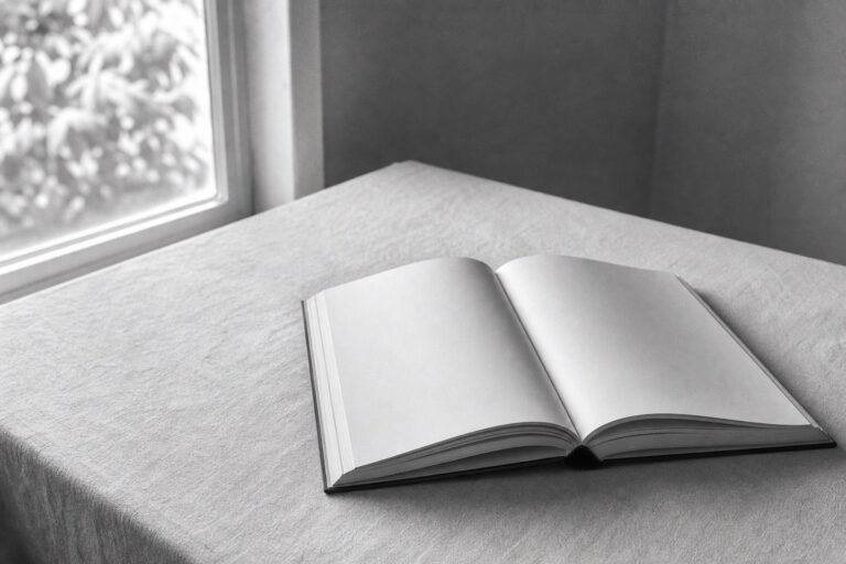 An open blank book resting on linen beside a softly lit window.