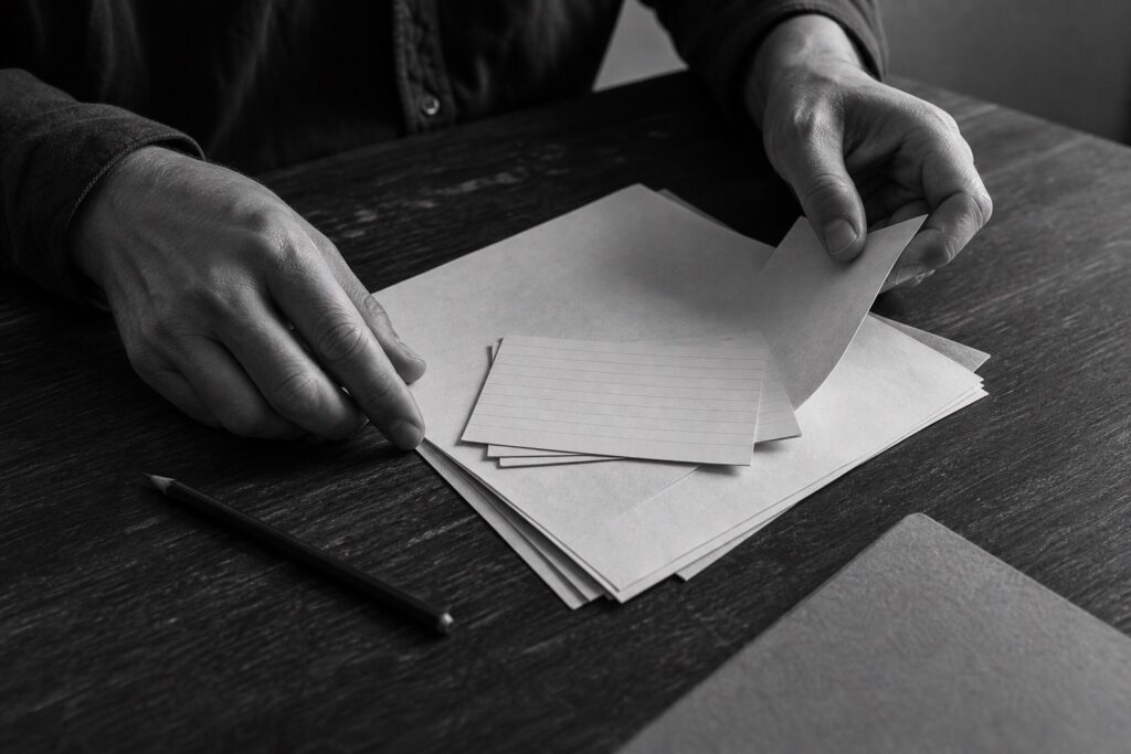 Hands arranging blank cards and paper on a dark wooden table.